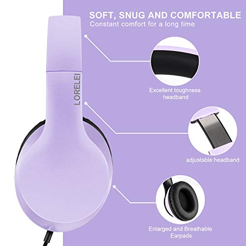 LORELEI X6 Over-Ear Headphones with Microphone, Lightweight Foldable & Portable Stereo Bass Headphones with 1.45M No-Tangle,Wired Headphones for Smartphone Tablet MP3 / 4 (Purple-Black)