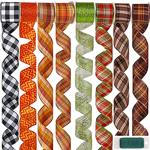 Winlyn 8 Rolls 48 Yards Assorted Fall Plaid Wired Ribbons Buffalo Check Ribbon Glittered Random Fiber Mesh Wired Ribbon Bows Craft Trim Ribbons 2.5" Wide for Holiday Fall Wedding Gift Wrapping Wreath