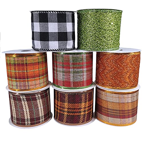 Winlyn 8 Rolls 48 Yards Assorted Fall Plaid Wired Ribbons Buffalo Check Ribbon Glittered Random Fiber Mesh Wired Ribbon Bows Craft Trim Ribbons 2.5" Wide for Holiday Fall Wedding Gift Wrapping Wreath