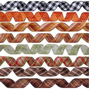 Winlyn 8 Rolls 48 Yards Assorted Fall Plaid Wired Ribbons Buffalo Check Ribbon Glittered Random Fiber Mesh Wired Ribbon Bows Craft Trim Ribbons 2.5" Wide for Holiday Fall Wedding Gift Wrapping Wreath