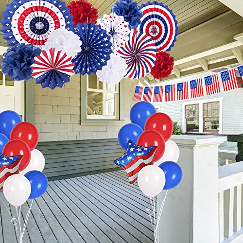 Adurself 4th of July Party Decorations Patriotic Party Supplies Red White Blue Paper Fans Pom Poms Balloons USA Pennant Flags Banners for USA Theme Party Independence Day Celebration Party Decoration