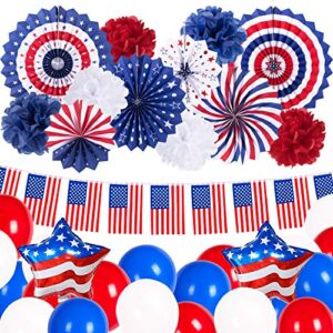 adurself 4th of july party decorations patriotic party supplies red white blue paper fans pom poms balloons usa pennant flags banners for usa theme party independence day celebration party decoration