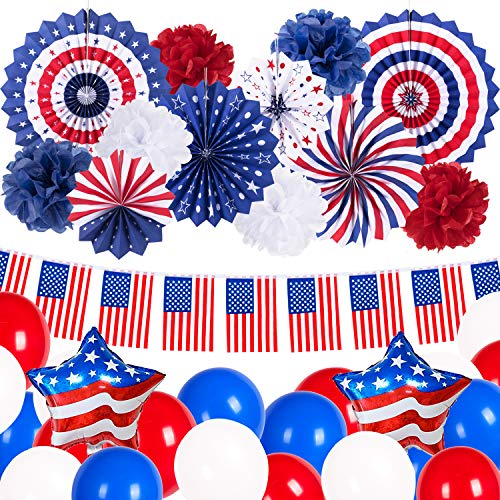 Adurself 4th of July Party Decorations Patriotic Party Supplies Red White Blue Paper Fans Pom Poms Balloons USA Pennant Flags Banners for USA Theme Party Independence Day Celebration Party Decoration