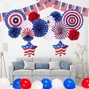 Adurself 4th of July Party Decorations Patriotic Party Supplies Red White Blue Paper Fans Pom Poms Balloons USA Pennant Flags Banners for USA Theme Party Independence Day Celebration Party Decoration