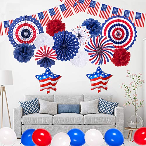 Adurself 4th of July Party Decorations Patriotic Party Supplies Red White Blue Paper Fans Pom Poms Balloons USA Pennant Flags Banners for USA Theme Party Independence Day Celebration Party Decoration