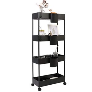 ovakia 4-tier slim rolling utility cart storage shelves trolley storage organizer shelving rack with mesh baskets/wheel casters for laundry pantry bathroom kitchen office narrow places(black)