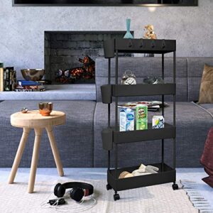 OVAKIA 4-Tier Slim Rolling Utility Cart Storage Shelves Trolley Storage Organizer Shelving Rack with Mesh Baskets/Wheel Casters for Laundry Pantry Bathroom Kitchen Office Narrow Places(Black)