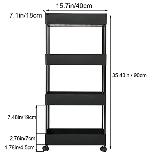 OVAKIA 4-Tier Slim Rolling Utility Cart Storage Shelves Trolley Storage Organizer Shelving Rack with Mesh Baskets/Wheel Casters for Laundry Pantry Bathroom Kitchen Office Narrow Places(Black)