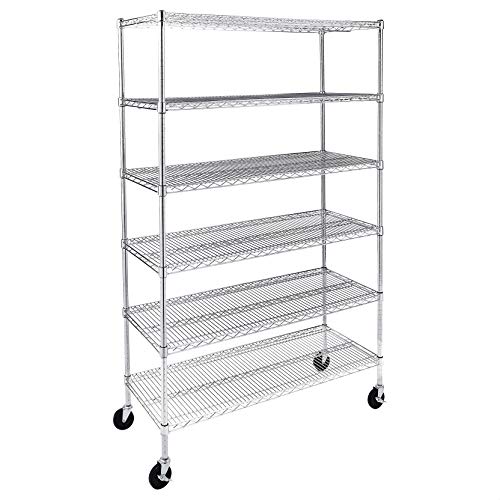 AmazonCommercial Heavy-Duty 6-Tier Steel Wire Shelving with Optional Wheels, NSF Certified, Chrome, 18" D x 48" W x 75" H (76'' H with wheels)