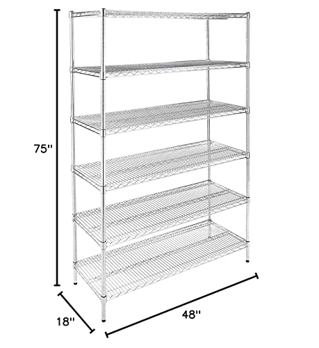 AmazonCommercial Heavy-Duty 6-Tier Steel Wire Shelving with Optional Wheels, NSF Certified, Chrome, 18" D x 48" W x 75" H (76'' H with wheels)