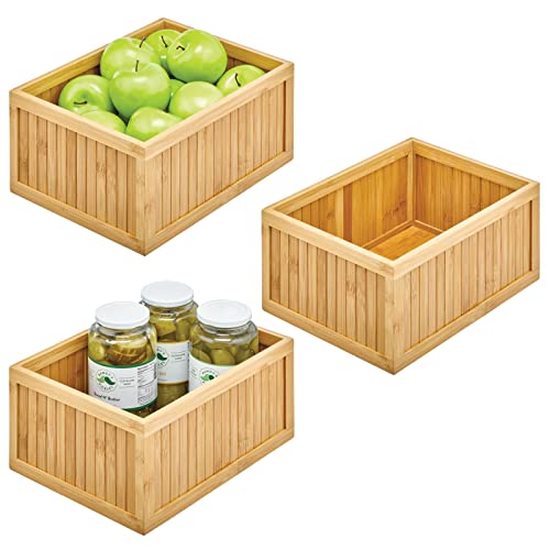 mDesign Bamboo Panel Kitchen Cabinet and Shelf Pantry Organizer Bin - Eco-Friendly, Multipurpose - Use on Countertops, Shelves or in Pantry - 3 Pack - Natural Bamboo