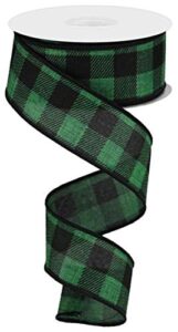 craig bachman 1.5" printed plaid check ribbon: emerald green (10 yards) green black wired ribbon rg0180506