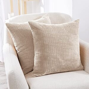 deconovo throw pillow covers corduroy 18x18 inch cream stripe pattern square soft cushion covers for couch bedroom sofa living room bed chair solid pack of 2