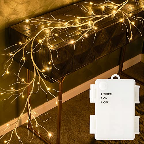 Fudios Lighted Birch Garland with Timer 48 LED Fairy Lights 6ft Battery Operated for Mantle Decor, Lit Twig Garland Christmas Indoor Outdoor Wedding Home Wall Decoration