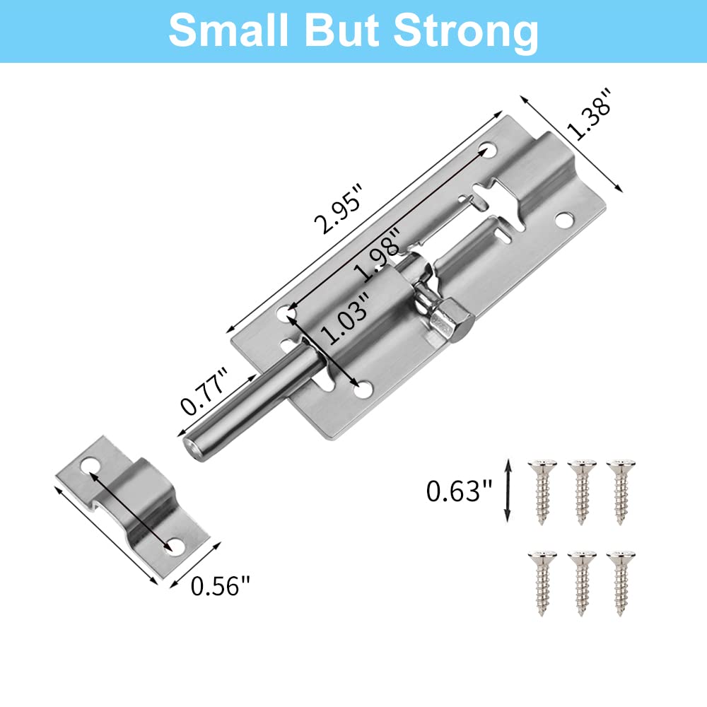 FATLODA 2 Pack Barrel Bolt Latch, Slide Bolt Latch 3 Inches Slide Latch Lock, Thickened Stainless Steel Sliding Lock for Door, Brushed Finish Sliding Bolt Lock, Sliding Bolt Latch with 12PCS Screws