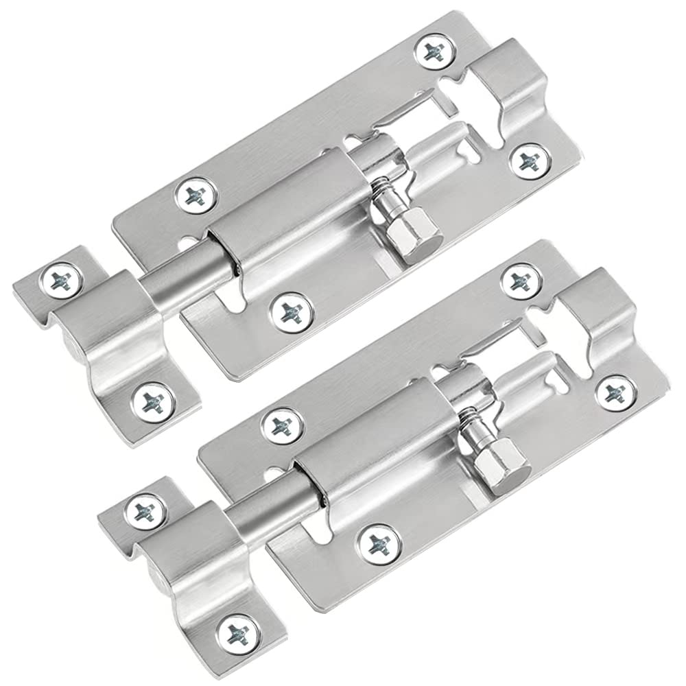 FATLODA 2 Pack Barrel Bolt Latch, Slide Bolt Latch 3 Inches Slide Latch Lock, Thickened Stainless Steel Sliding Lock for Door, Brushed Finish Sliding Bolt Lock, Sliding Bolt Latch with 12PCS Screws