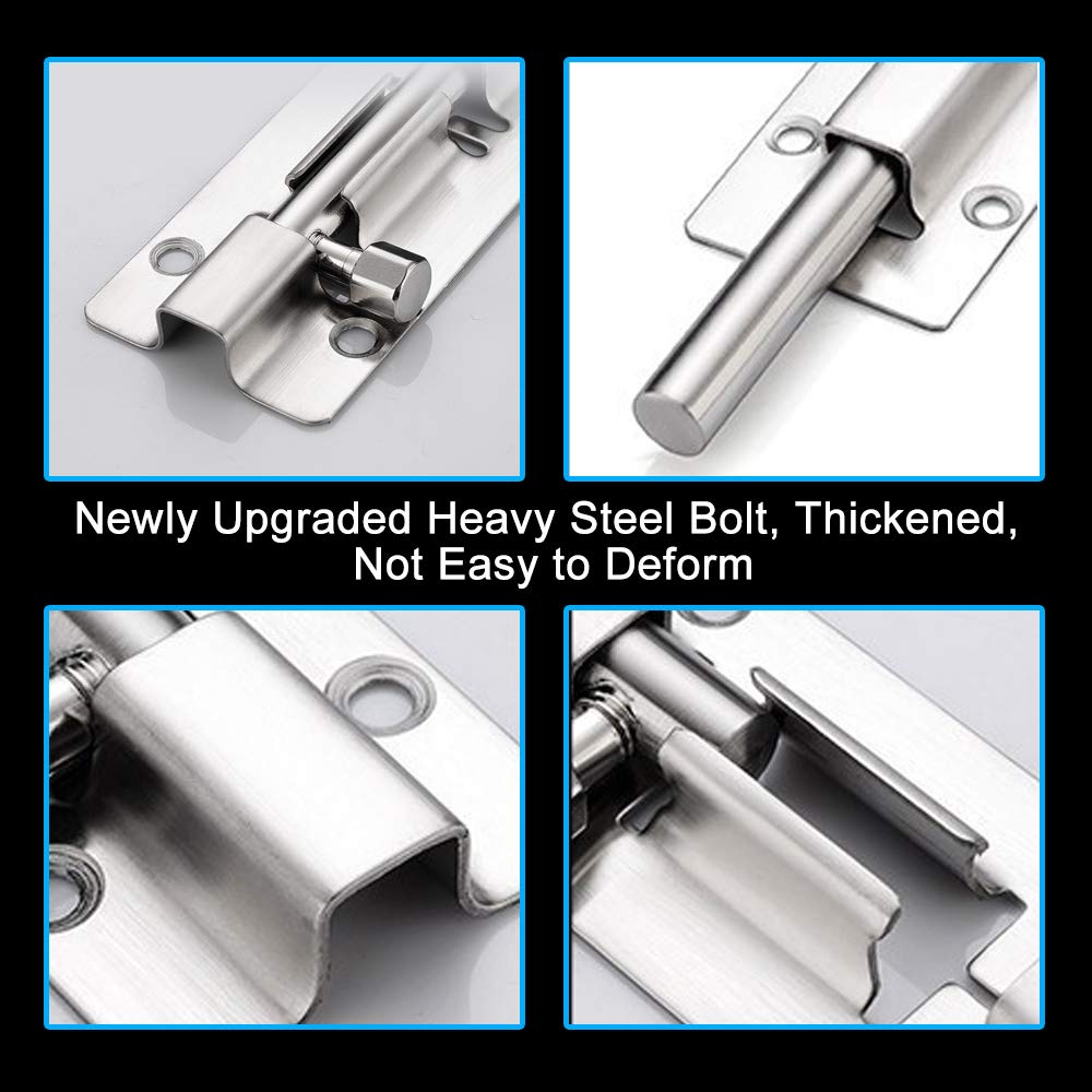 FATLODA 2 Pack Barrel Bolt Latch, Slide Bolt Latch 3 Inches Slide Latch Lock, Thickened Stainless Steel Sliding Lock for Door, Brushed Finish Sliding Bolt Lock, Sliding Bolt Latch with 12PCS Screws