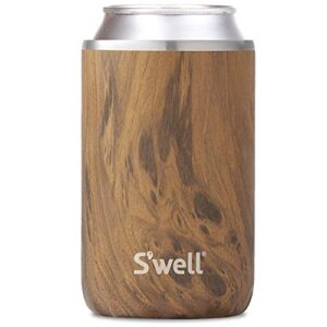 s'well stainless steel chiller triple-layered vacuum-insulated keeps drinks cool and hot for longer-dishwasher-safe bpa-free for travel, 12oz cans and bottles, teakwood