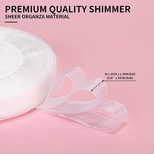 molshine 50 Yards x 5/8 Inch Shimmer Sheer Organza Ribbon,Chiffon Fabric Ribbons for Bouquets Garland,Bowknot,Wedding,Gift Wrapping,Hair,Crafts,Decoration (White, 5/8")