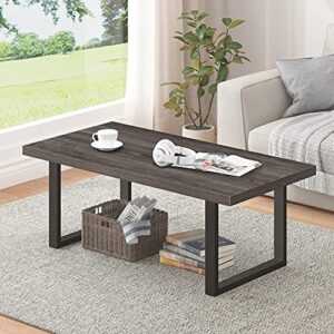 ibf rustic coffee table, wood and metal simple industrial modern center table, minimalist rectangle wooden farmhouse cocktail table for living room, dark gray oak, 47 inch