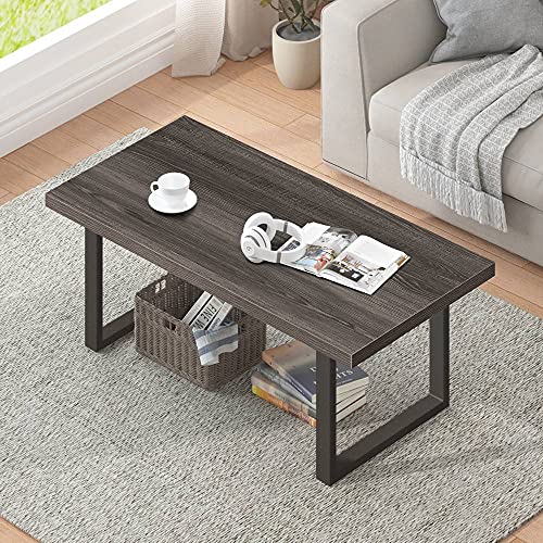 IBF Rustic Coffee Table, Wood and Metal Simple Industrial Modern Center Table, Minimalist Rectangle Wooden Farmhouse Cocktail Table for Living Room, Dark Gray Oak, 47 Inch