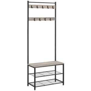 vasagle coat rack, hall tree with shoe storage bench, entryway bench with shoe storage, 3-in-1, steel frame, for entryway, 12.6 x 27.6 x 69.8 inches, industrial, greige and black uhsr41mb