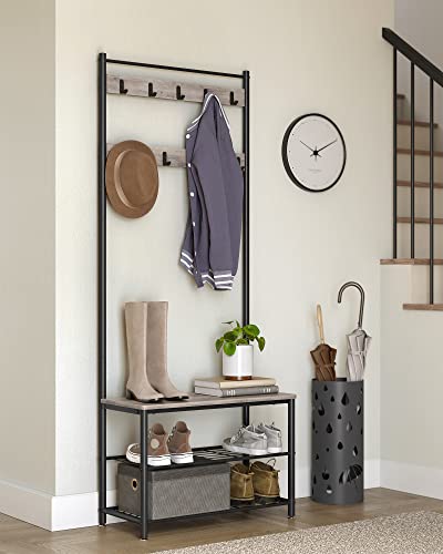 VASAGLE Coat Rack, Hall Tree with Shoe Storage Bench, Entryway Bench with Shoe Storage, 3-in-1, Steel Frame, for Entryway, 12.6 x 27.6 x 69.8 Inches, Industrial, Greige and Black UHSR41MB