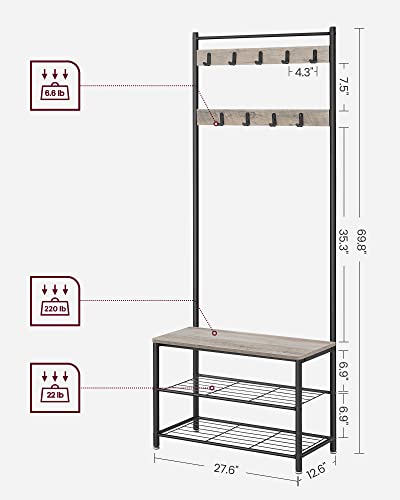 VASAGLE Coat Rack, Hall Tree with Shoe Storage Bench, Entryway Bench with Shoe Storage, 3-in-1, Steel Frame, for Entryway, 12.6 x 27.6 x 69.8 Inches, Industrial, Greige and Black UHSR41MB