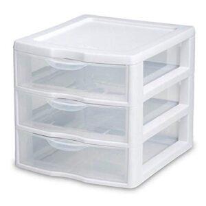 tribello 3 drawer plastic storage, mini drawer unit, white frame with clear drawers for craft storage - 8.5"l x 7.25"w x 6.75"h inches - american made (1 pack)