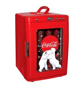 coca-cola polar bear 28 can cooler/warmer w/ 12v dc and 110v ac cords, 25l (28 qt) portable mini fridge w/display window, travel refrigerator for snacks lunch drinks, desk home office dorm, red