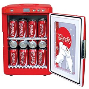 Coca-Cola Polar Bear 28 Can Cooler/Warmer w/ 12V DC and 110V AC Cords, 25L (28 qt) Portable Mini Fridge w/Display Window, Travel Refrigerator for Snacks Lunch Drinks, Desk Home Office Dorm, Red