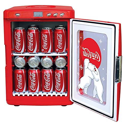 Coca-Cola Polar Bear 28 Can Cooler/Warmer w/ 12V DC and 110V AC Cords, 25L (28 qt) Portable Mini Fridge w/Display Window, Travel Refrigerator for Snacks Lunch Drinks, Desk Home Office Dorm, Red