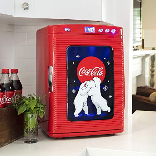 Coca-Cola Polar Bear 28 Can Cooler/Warmer w/ 12V DC and 110V AC Cords, 25L (28 qt) Portable Mini Fridge w/Display Window, Travel Refrigerator for Snacks Lunch Drinks, Desk Home Office Dorm, Red