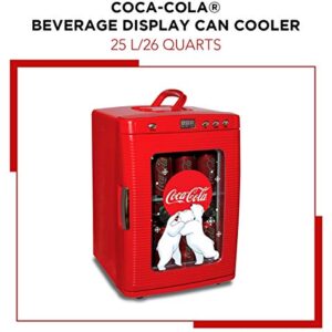 Coca-Cola Polar Bear 28 Can Cooler/Warmer w/ 12V DC and 110V AC Cords, 25L (28 qt) Portable Mini Fridge w/Display Window, Travel Refrigerator for Snacks Lunch Drinks, Desk Home Office Dorm, Red