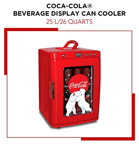 Coca-Cola Polar Bear 28 Can Cooler/Warmer w/ 12V DC and 110V AC Cords, 25L (28 qt) Portable Mini Fridge w/Display Window, Travel Refrigerator for Snacks Lunch Drinks, Desk Home Office Dorm, Red