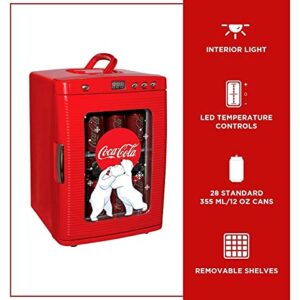 Coca-Cola Polar Bear 28 Can Cooler/Warmer w/ 12V DC and 110V AC Cords, 25L (28 qt) Portable Mini Fridge w/Display Window, Travel Refrigerator for Snacks Lunch Drinks, Desk Home Office Dorm, Red