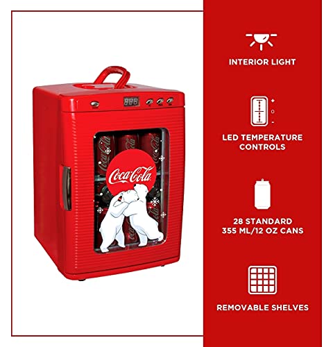 Coca-Cola Polar Bear 28 Can Cooler/Warmer w/ 12V DC and 110V AC Cords, 25L (28 qt) Portable Mini Fridge w/Display Window, Travel Refrigerator for Snacks Lunch Drinks, Desk Home Office Dorm, Red