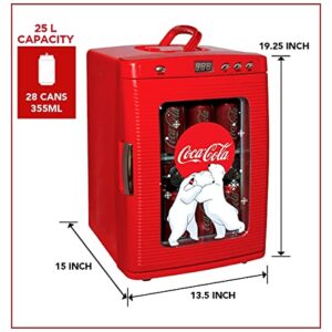 Coca-Cola Polar Bear 28 Can Cooler/Warmer w/ 12V DC and 110V AC Cords, 25L (28 qt) Portable Mini Fridge w/Display Window, Travel Refrigerator for Snacks Lunch Drinks, Desk Home Office Dorm, Red