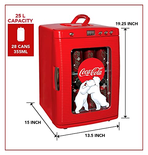 Coca-Cola Polar Bear 28 Can Cooler/Warmer w/ 12V DC and 110V AC Cords, 25L (28 qt) Portable Mini Fridge w/Display Window, Travel Refrigerator for Snacks Lunch Drinks, Desk Home Office Dorm, Red