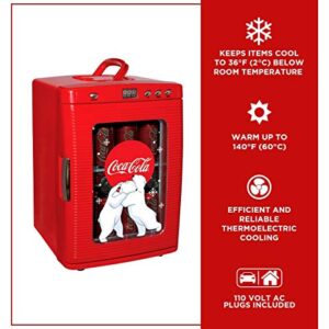 Coca-Cola Polar Bear 28 Can Cooler/Warmer w/ 12V DC and 110V AC Cords, 25L (28 qt) Portable Mini Fridge w/Display Window, Travel Refrigerator for Snacks Lunch Drinks, Desk Home Office Dorm, Red