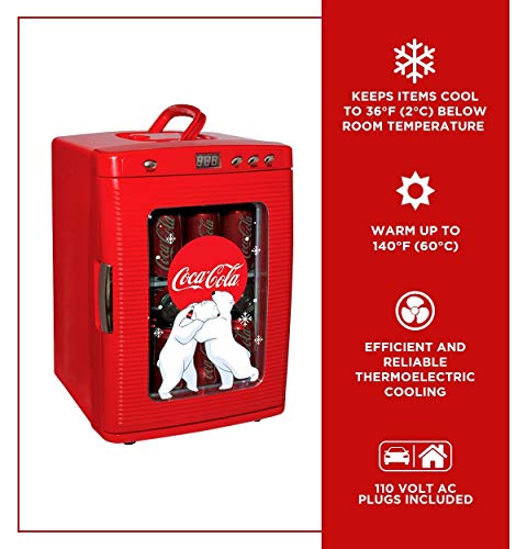 Coca-Cola Polar Bear 28 Can Cooler/Warmer w/ 12V DC and 110V AC Cords, 25L (28 qt) Portable Mini Fridge w/Display Window, Travel Refrigerator for Snacks Lunch Drinks, Desk Home Office Dorm, Red