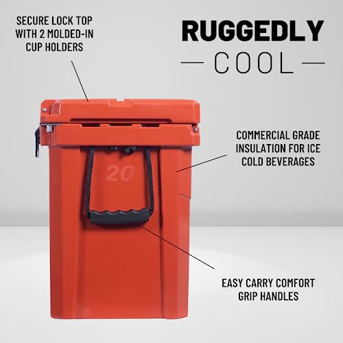CAMP-ZERO 20L | Drink Cooler/Ice Chest with 2 Molded-in Cup Holders & Comfort Grip Rope Handles | Thick Walled, Freezer Grade Cooler w/Secure Locking System & Tie Down Channels (Burnt Orange)