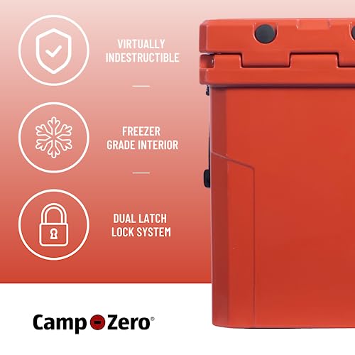 CAMP-ZERO 20L | Drink Cooler/Ice Chest with 2 Molded-in Cup Holders & Comfort Grip Rope Handles | Thick Walled, Freezer Grade Cooler w/Secure Locking System & Tie Down Channels (Burnt Orange)