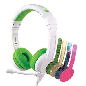 onanoff buddyphones school+ safe audio school headphones for kids, high-performance beammic, detachable buddycable, anti-allergic earpad with carry bag, green