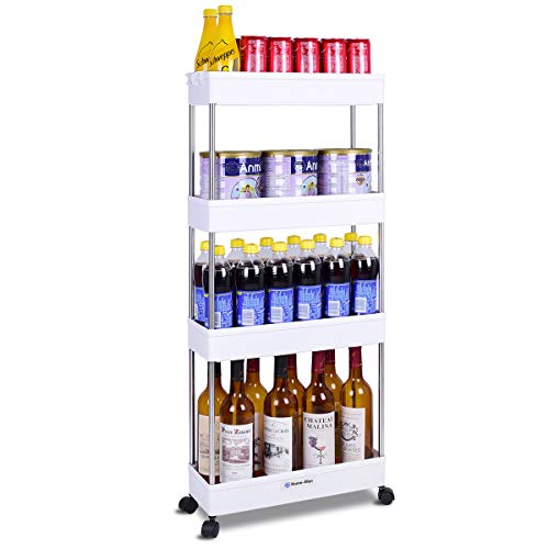 Home-Man 4 Tier Gap Slim Storage Cart Mobile Shelving Unit Organizer Slide Out Pantry Storage Rolling Utility Cart Tower Rack for Kitchen Bathroom Laundry Narrow Places, White (4 Tier)