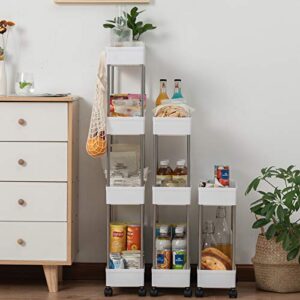 Home-Man 4 Tier Gap Slim Storage Cart Mobile Shelving Unit Organizer Slide Out Pantry Storage Rolling Utility Cart Tower Rack for Kitchen Bathroom Laundry Narrow Places, White (4 Tier)