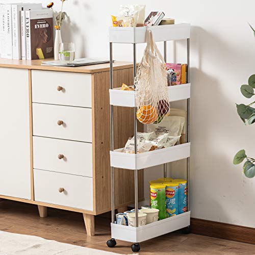 Home-Man 4 Tier Gap Slim Storage Cart Mobile Shelving Unit Organizer Slide Out Pantry Storage Rolling Utility Cart Tower Rack for Kitchen Bathroom Laundry Narrow Places, White (4 Tier)