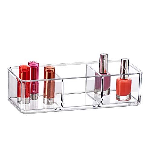 Amazing Abby - Glamour - Acrylic 3-Compartment Makeup Organizer, Transparent Plastic Lipstick Holder, Perfect Bathroom Vanity Storage Solution for Lipsticks, Nail Polishes, and More