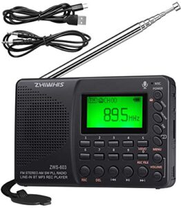 zhiwhis portable bluetooth radio, fm am shortwave radios with sleep timer and preset function, rechargeable digital recorder, stereo mp3 player with lyric display, support micro sd card and aux