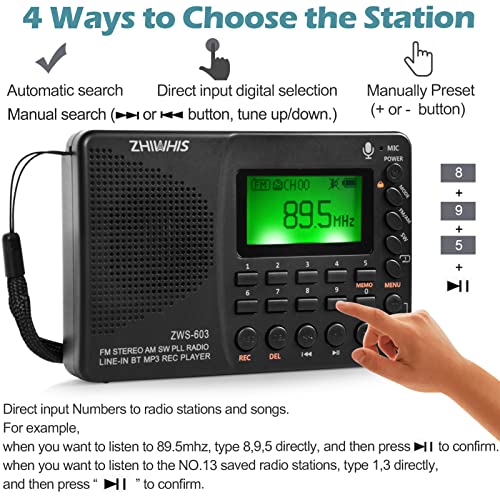 ZHIWHIS Portable Bluetooth Radio, FM AM Shortwave Radios with Sleep Timer and Preset Function, Rechargeable Digital Recorder, Stereo MP3 Player with Lyric Display, Support Micro SD Card and AUX